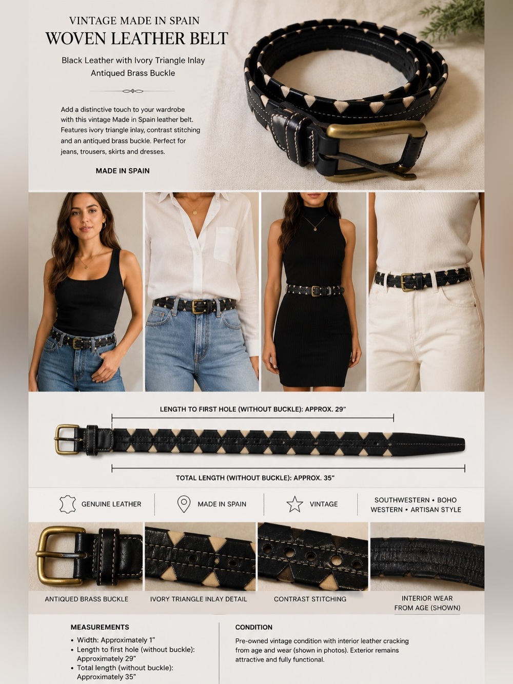 Black Woven Leather Belt Ivory Triangle Inlay Contrast Stitch Brass Buckle 35" L